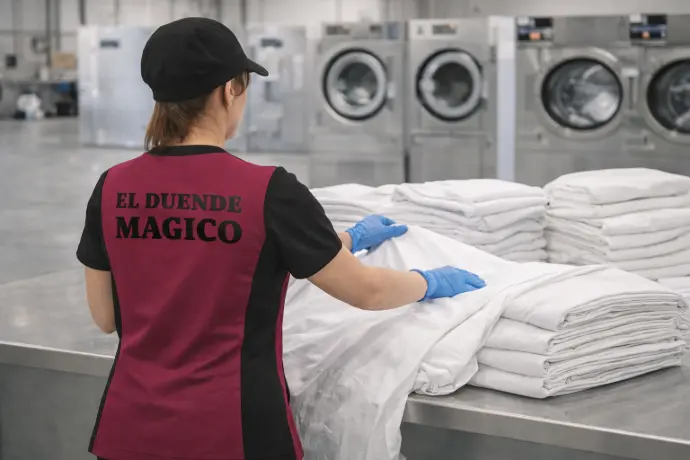 Planchado y doblado de ropa plana en lavandería industrial