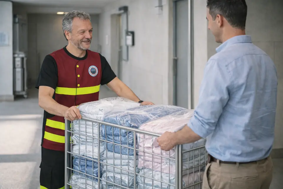 Recogida de ropa en jaulas metálicas para lavandería industrial
